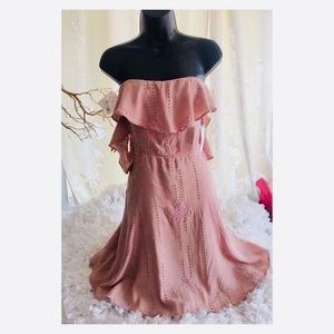Nude/pink off shoulder Bardot ruffle dress